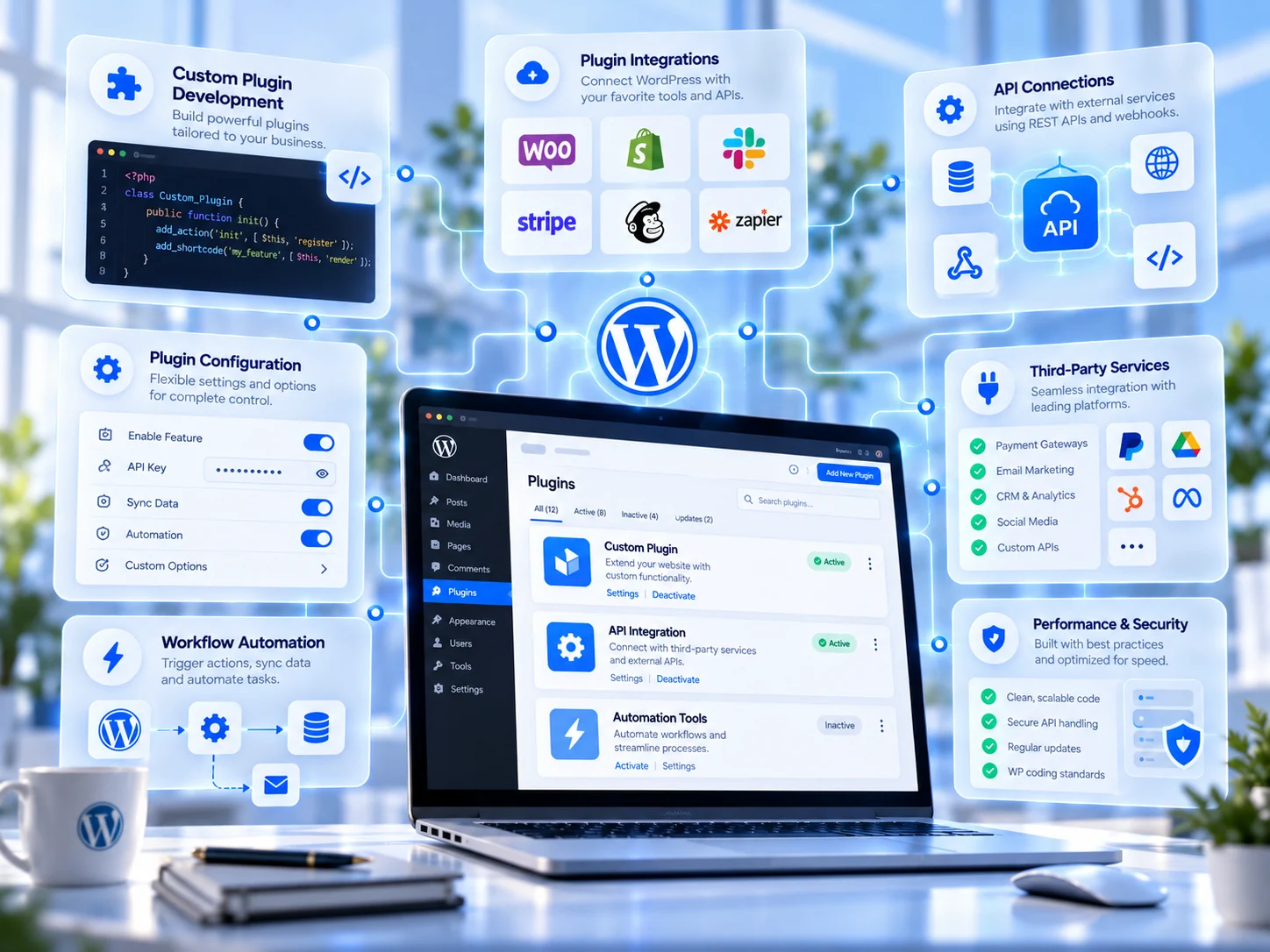 Plugins & API connections — website service graphic