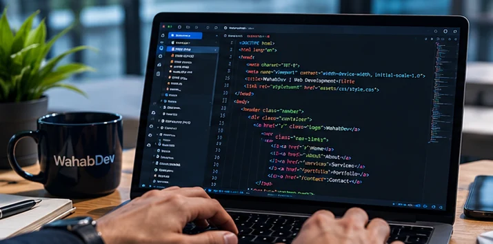 Photorealistic editorial visual of a developer laptop with a web code editor