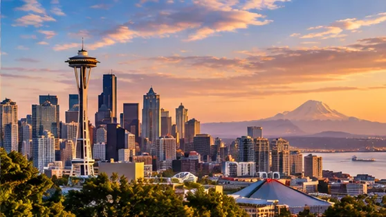Editorial skyline inspired by Seattle with Space Needle