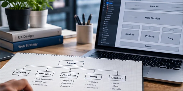 Editorial overhead view of a website sitemap and planning workspace