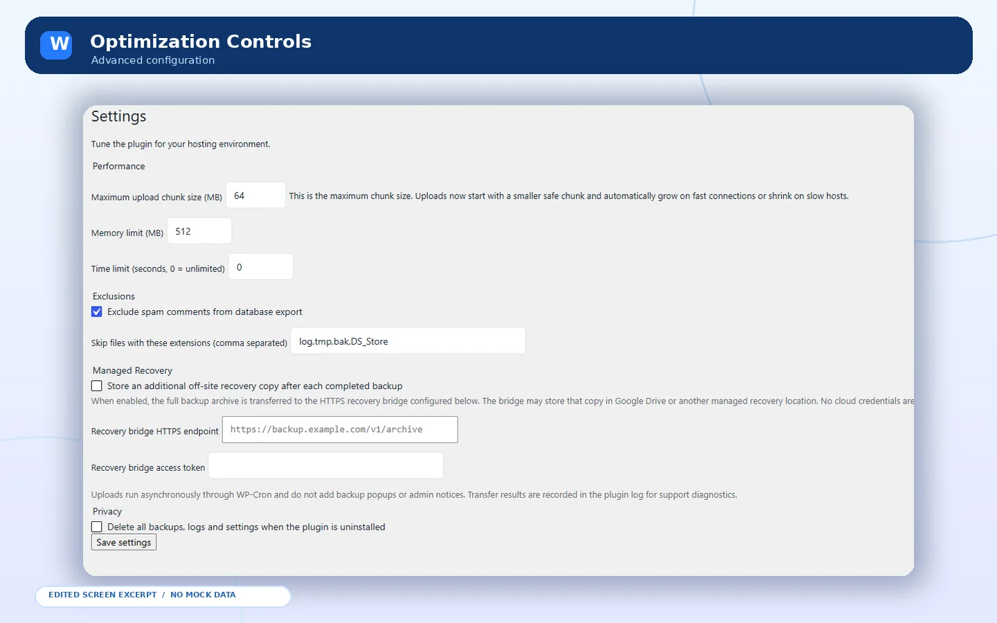 Settings control: edited original plugin administrator interface